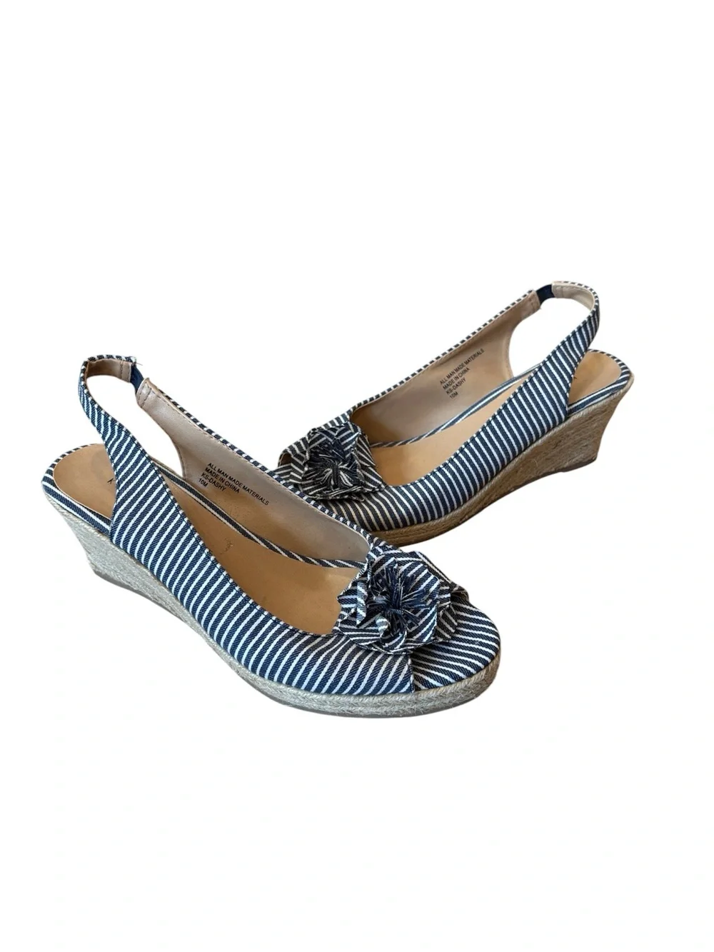 Karen Scott Dashy Wedge Sandals Blue & White Striped Canvas Rosette Detail